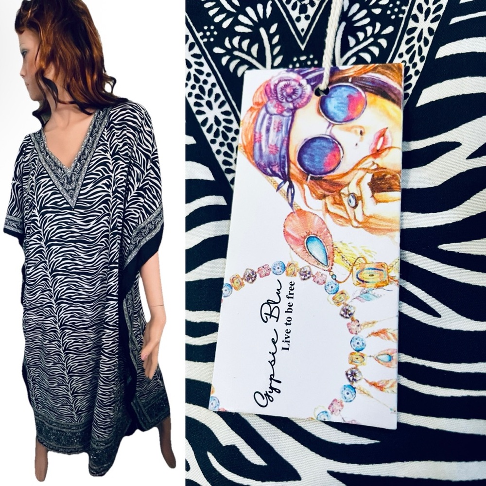 GYPSIE BLU Chic NWT Animal ZEBRA Print CAFTAN Maxi Cruise Resort DRESS O/S